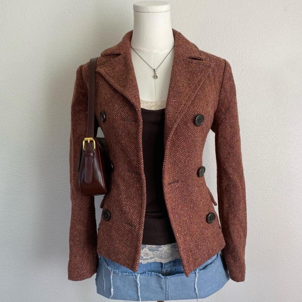 Vintage Y2K 2005 Gap Orange Wool Tweed Pea Coat Blazer Notch Lapels Pockets